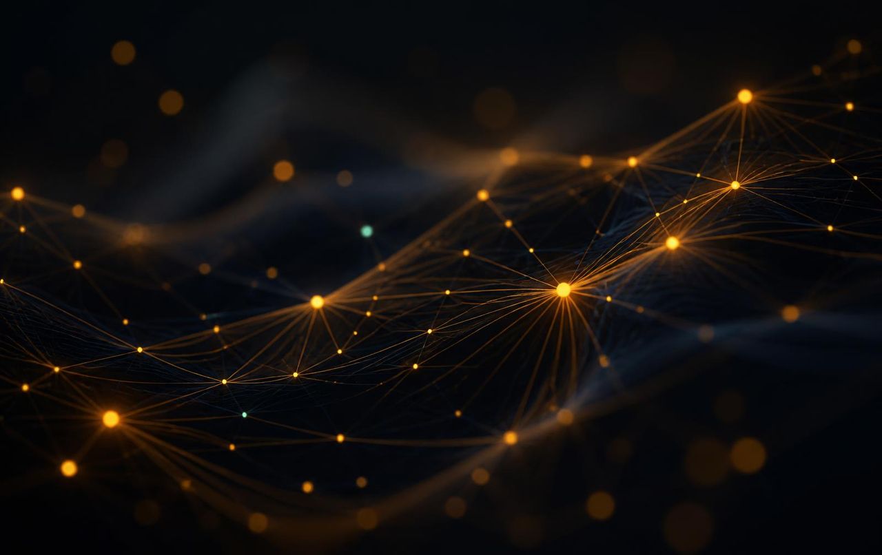 Abstract visualization of a multiagent AI system with orchestrated nodes and data flows